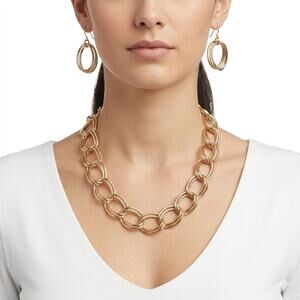 Gold Tone Chain Link Hook Earrings & Necklace Set Lobster Claw Closure 2-Pc Set